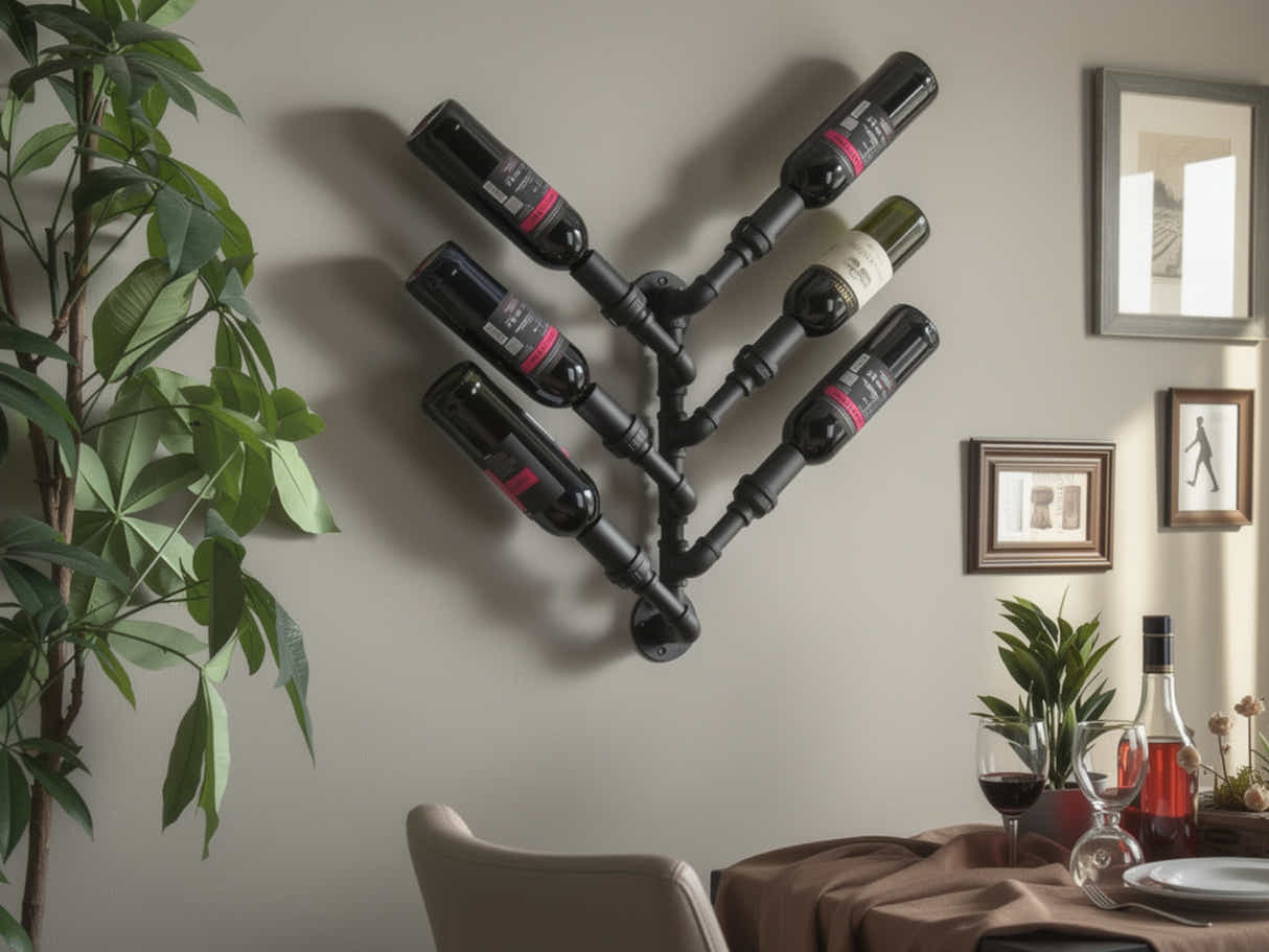 Wall-Mounted Pipe Wine Rack - 6 Bottle Holder