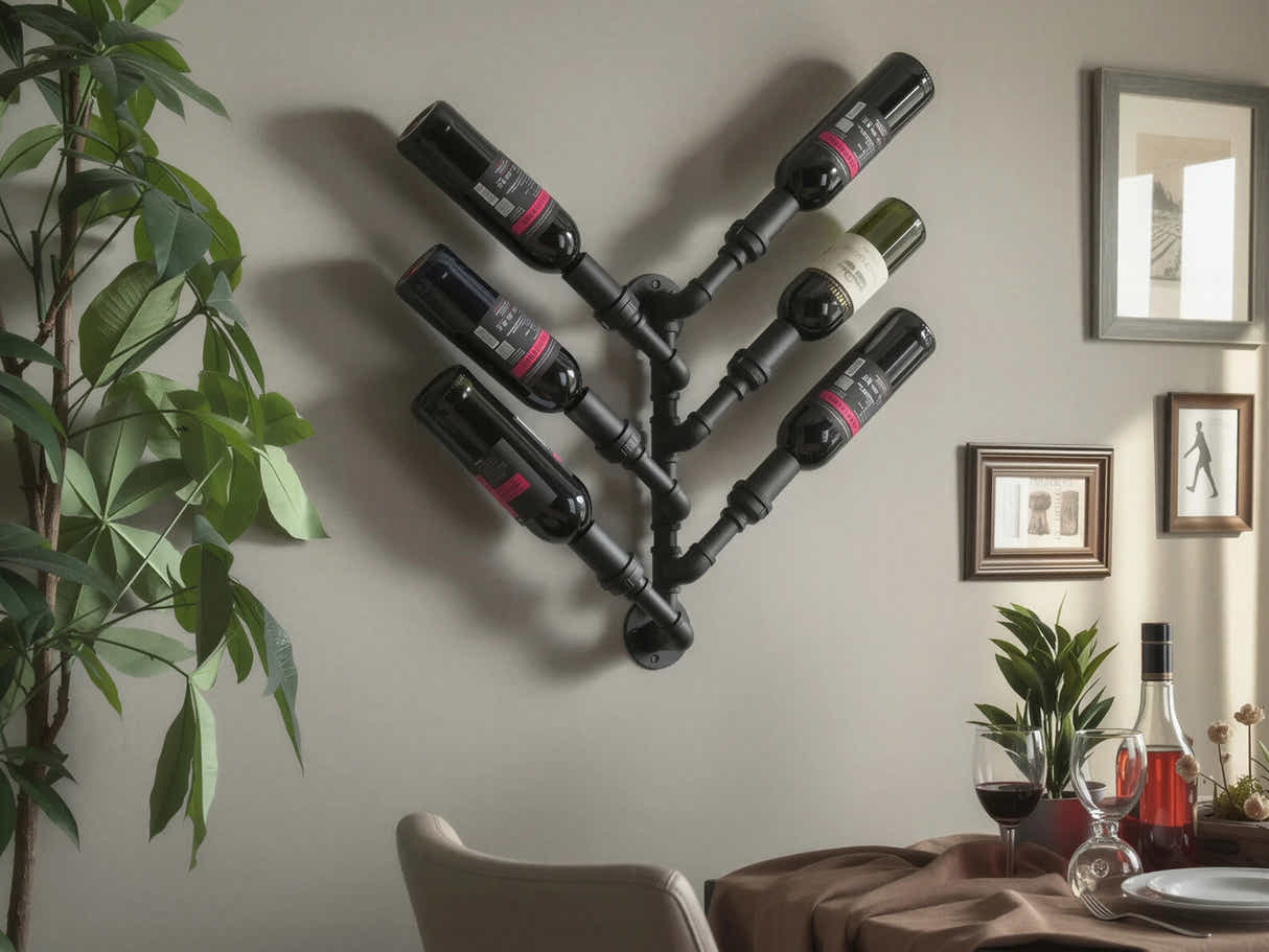 Wall-Mounted Pipe Wine Rack - 6 Bottle Holder
