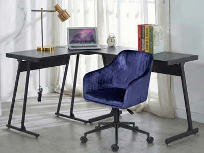 Corner Desk & Lilac Office Chair Velvet Blue