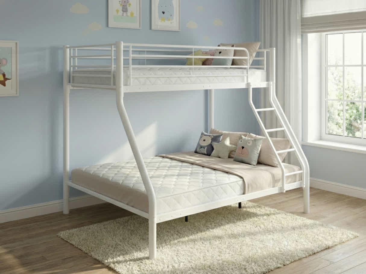 Metal Triple Bunk Bed - White & Bon15 Single + Bon15 Double Mattresses