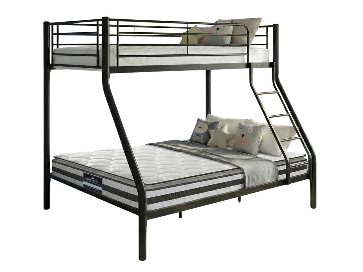 Metal Triple Bunk Bed - Black & Bon15 Single + Bon21 Double Mattresses