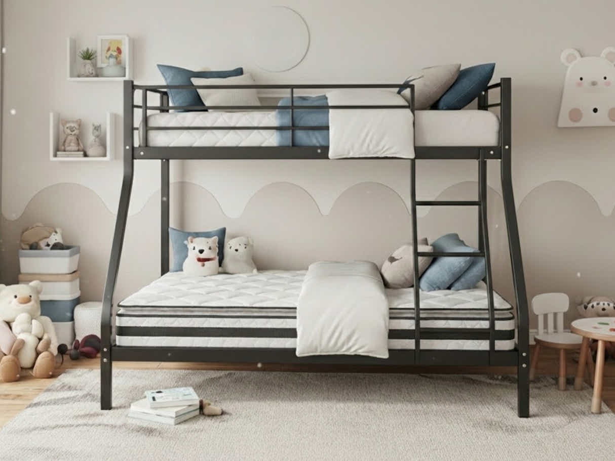Metal Triple Bunk Bed - Black & Bon15 Single + Bon21 Double Mattresses