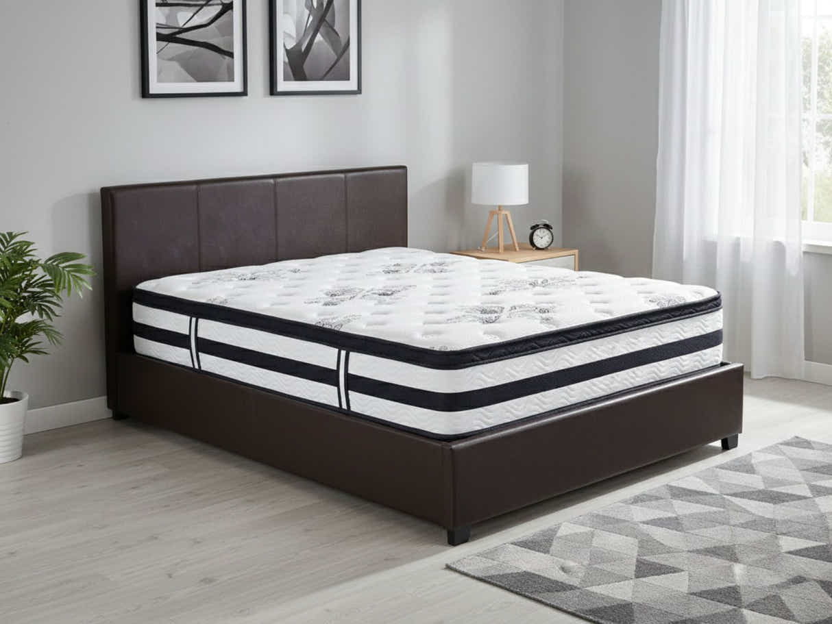 Bass Storage Bed Frame PU Dark Brown & K34 Mattress  - Double