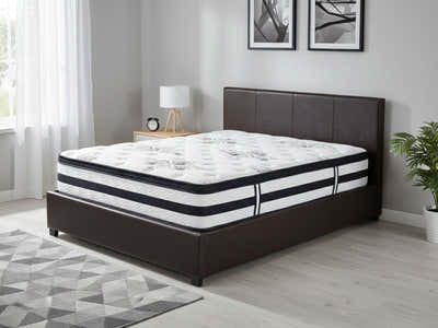 Bass Storage Bed Frame PU Dark Brown & Euro Top Mattress K34 - Double (Combo)