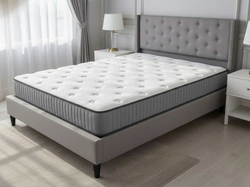 New Lisbeth Bed Frame Grey & FIRM23 Mattress - Queen (Combo)