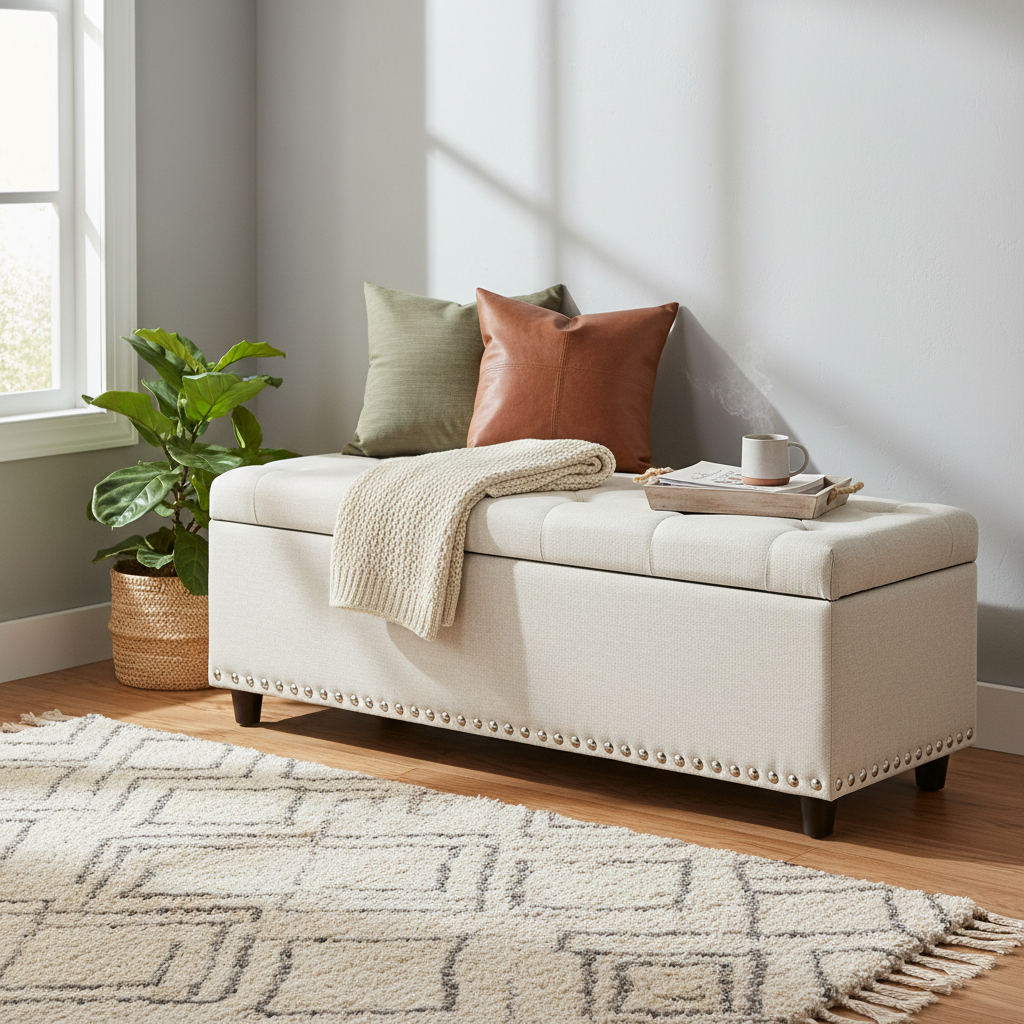 Toby Linen Ottoman Bench with Storage - Beige