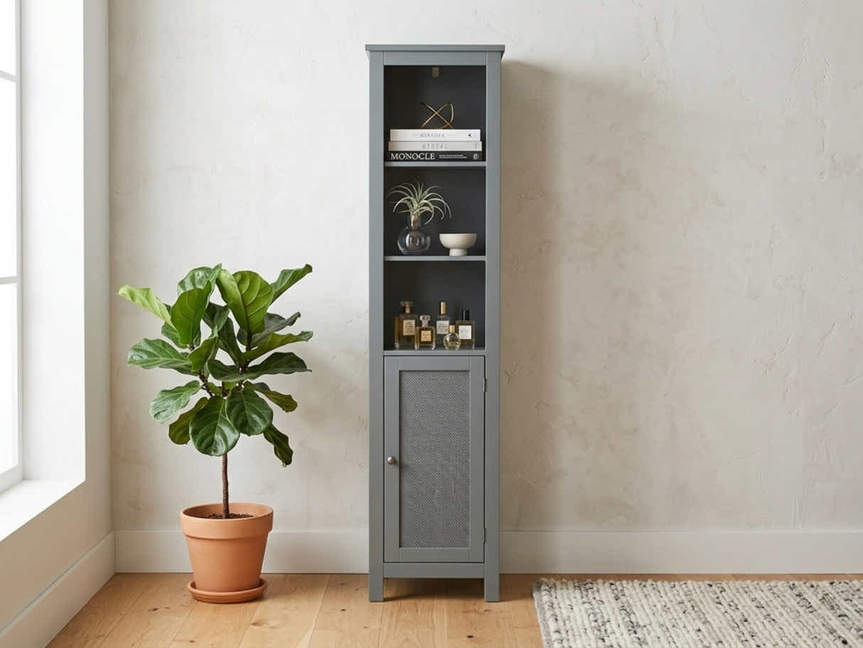 Tower Cabinet with Rattan Door - Grey