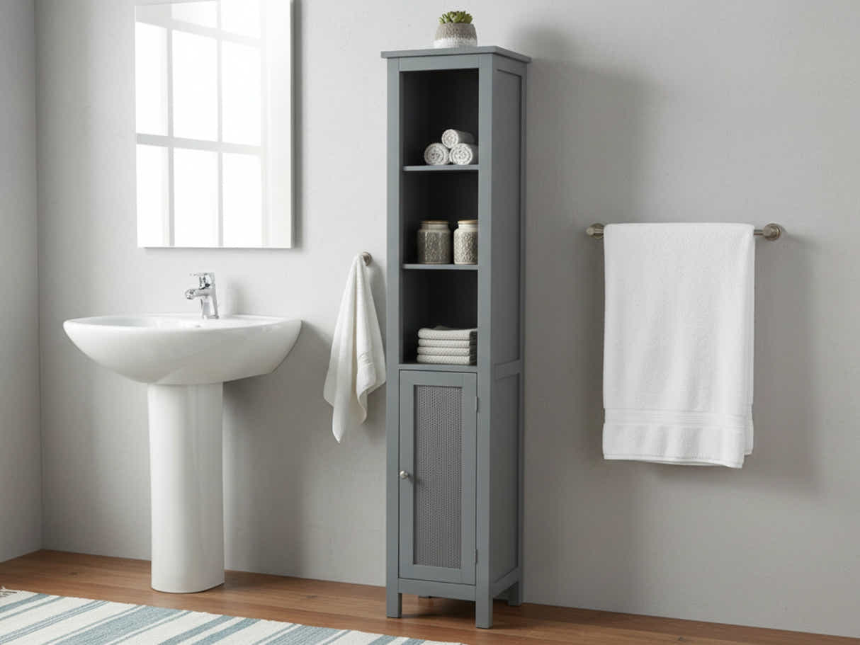 Tower Cabinet with Rattan Door - Grey