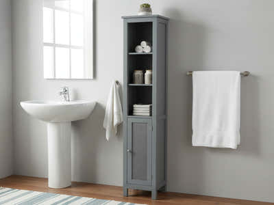 Tower Cabinet with Rattan Door - Grey