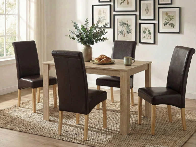 Skog Wooden Dining Table - 120 cm & Giesle PU Dining Chair Dark Brown - Set of 4 (Combo)