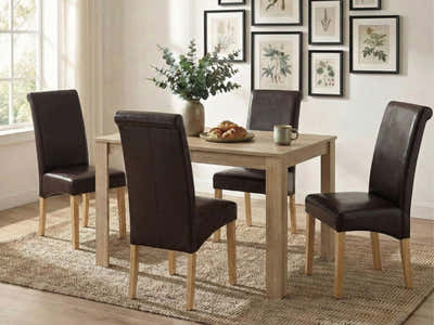 Skog Wooden Dining Table - 120 cm & Giesle PU Dining Chair Dark Brown - Set of 4 (Combo)