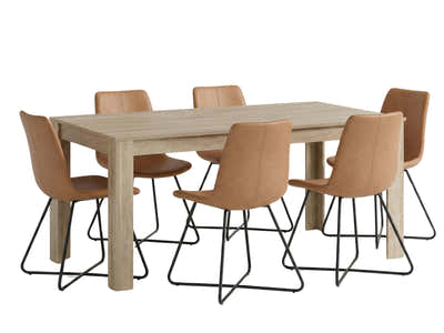 Skog Wooden Dining Table - 160 cm & Walnut Bonded Leather Dining Chair x6