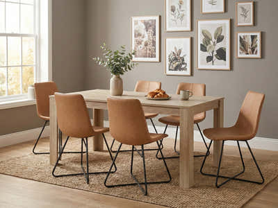 Skog Wooden Dining Table - 160 cm & Walnut Bonded Leather Dining Chair x6