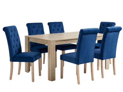 Skog Wooden Dining Table - 160 cm & Natalie Linen Dining Chair Blue x6
