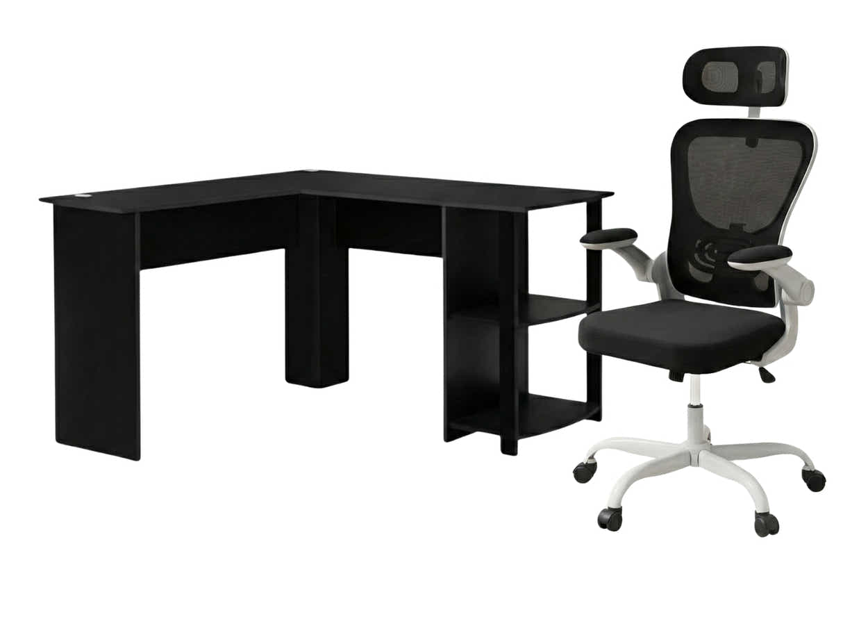 Korr Corner Office Desk & Molina Mesh Task Chair White+Black