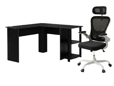 Korr Corner Office Desk & Molina Mesh Task Chair White+Black