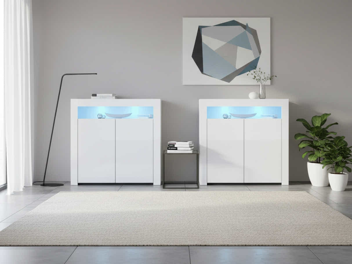 Glansig White 2-Door Buffet with LED Light - Set of 2