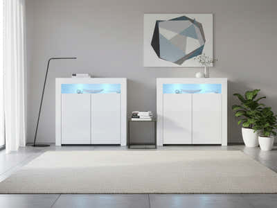 Glansig White 2-Door Buffet with LED Light - Set of 2