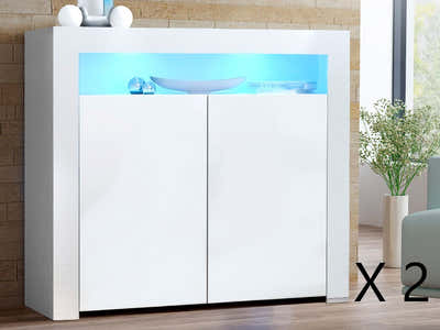 Glansig White 2-Door Buffet with LED Light - Set of 2