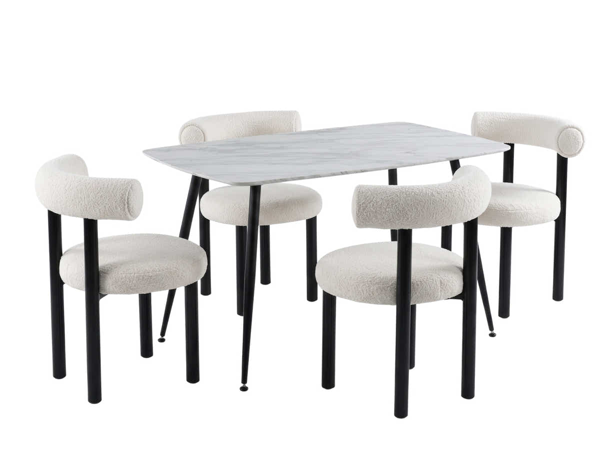 Fernando Dining Table with MDF Top 120 cm & Boucle Velvet Dining Chair White - Set of 4