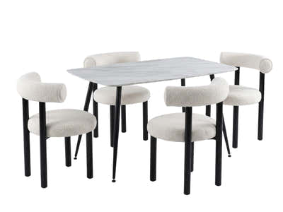 Fernando Dining Table with MDF Top 120 cm & Boucle Velvet Dining Chair White - Set of 4
