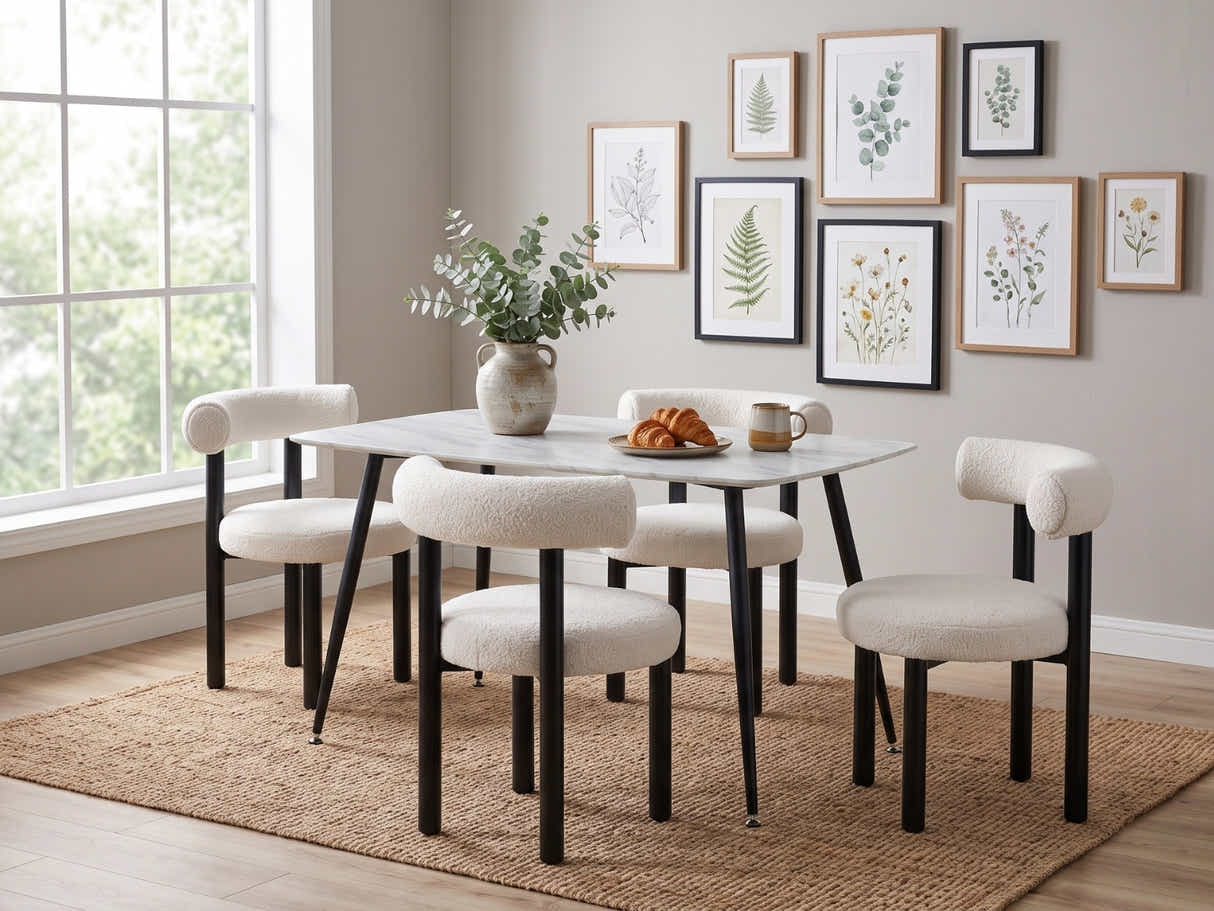 Fernando Dining Table with MDF Top 120 cm & Boucle Velvet Dining Chair White - Set of 4