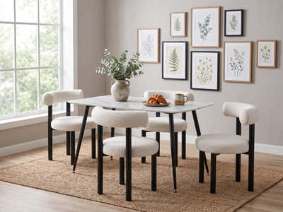Fernando Dining Table with MDF Top 120 cm & Boucle Velvet Dining Chair White - Set of 4