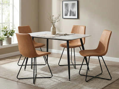 Fernando Dining Table with MDF Top - 120 cm & Walnut Bonded Leather Dining Chair - Set of 4