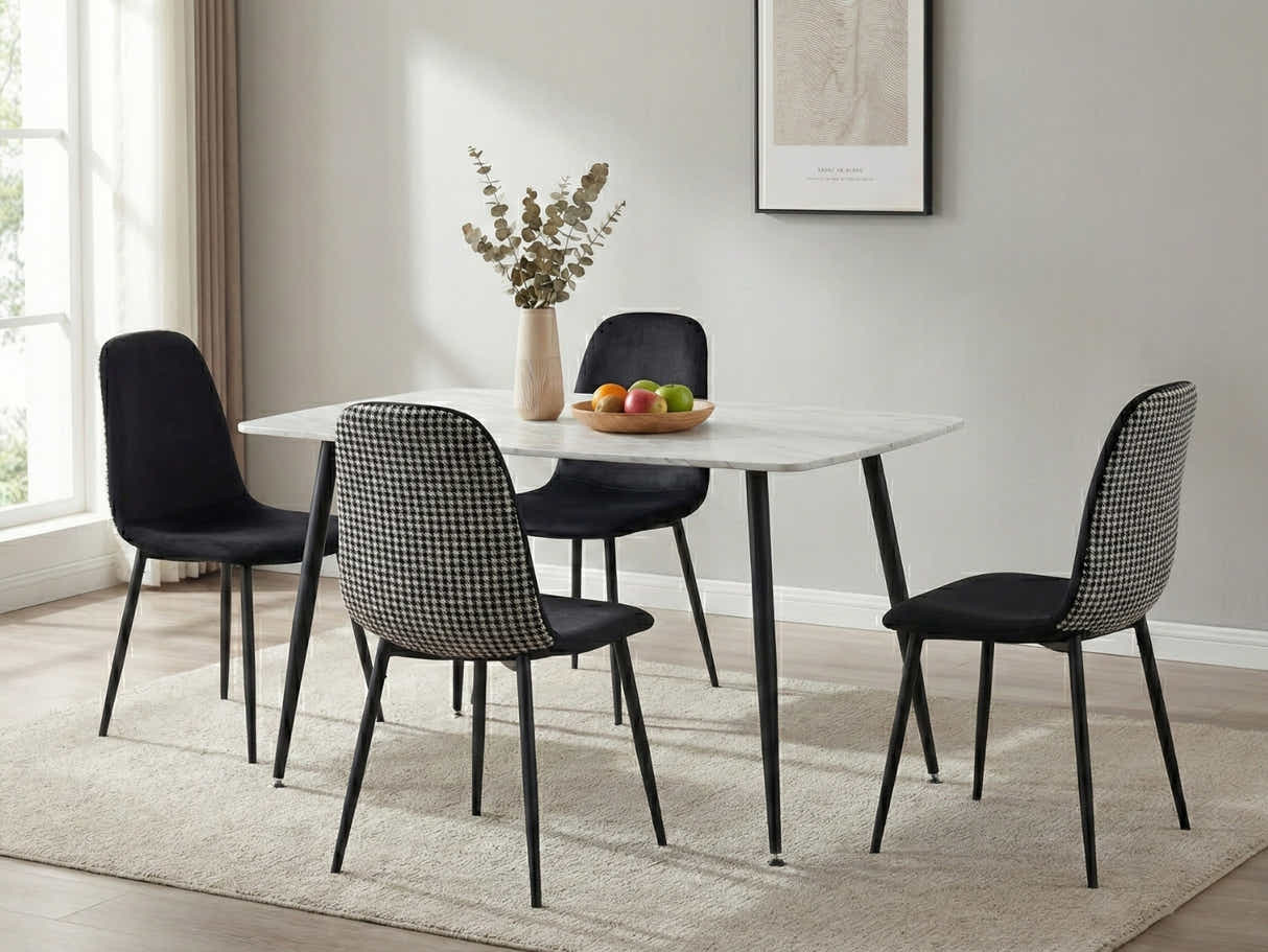 Fernando Dining Table with MDF Top - 120 cm & Axis Velvet Dining Seat x4 Houndstooth New