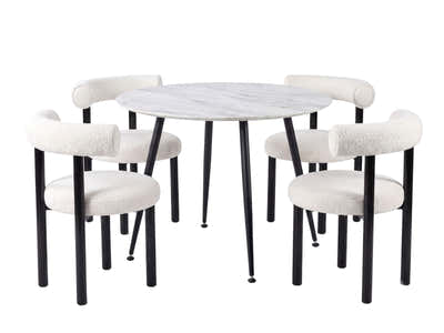 Fernando Round Dining Table with MDF Top 90 cm & Boucle Velvet Dining Chair White - Set of 4