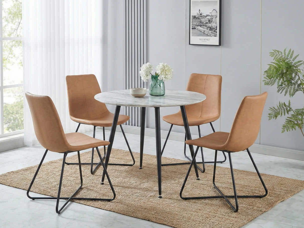 Fernando Round Dining Table with MDF Top - 90 cm & Walnut Bonded Leather Dining Chair - Set of 4