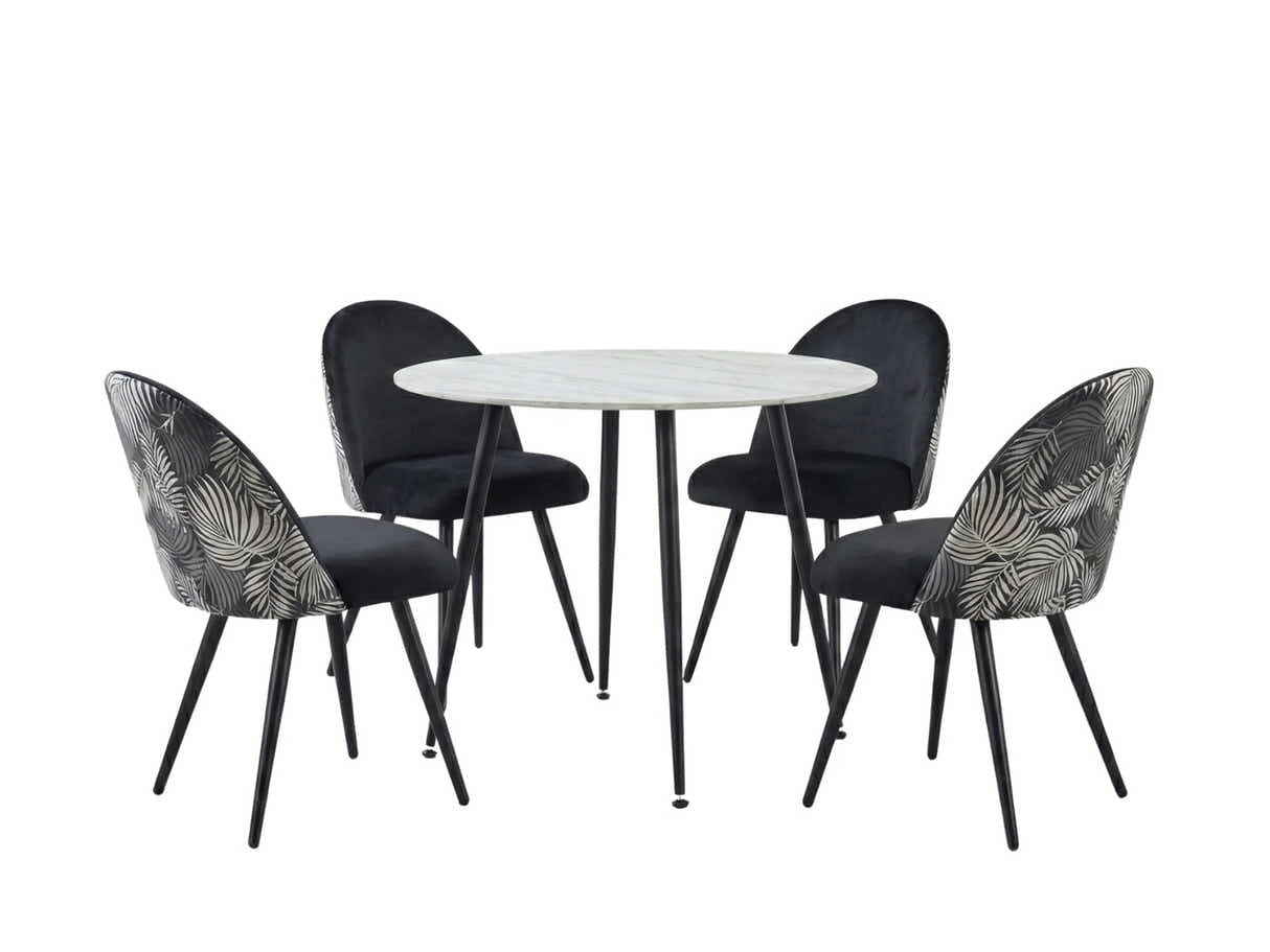 Fernando Round Dining Table with MDF Top - 90 cm & Fernando Dining Chair with Fern Pattern - Set of 4