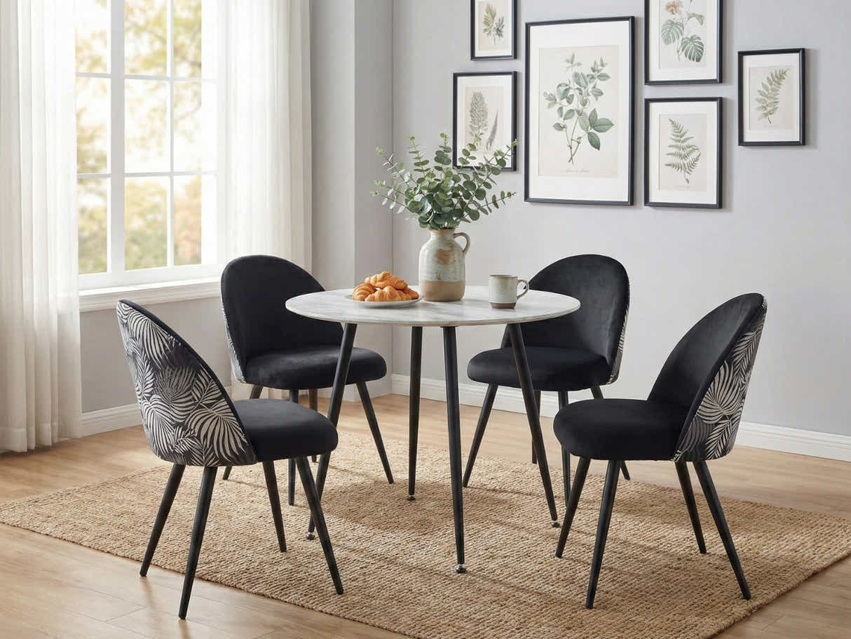 Fernando Round Dining Table with MDF Top - 90 cm & Fernando Dining Chair with Fern Pattern - Set of 4