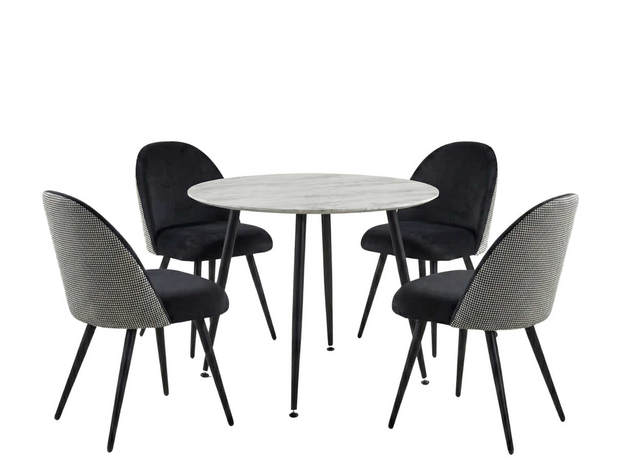 Fernando Round Dining Table with MDF Top - 90 cm & Fernando Dining Chair with Houndstooth - Set of 4