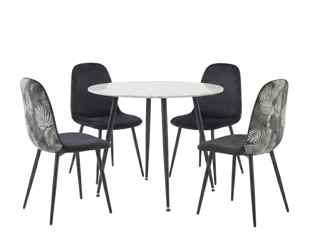 Fernando Round Dining Table with MDF Top - 90 cm & Axis Dining Chair with Fern Pattern - Set of 4