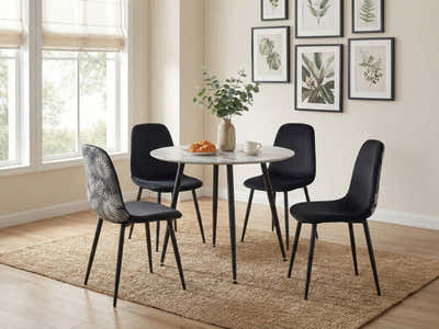 Fernando Round Dining Table with MDF Top - 90 cm & Axis Dining Chair with Fern Pattern - Set of 4