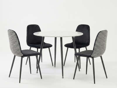 Fernando Round Dining Table with MDF Top - 90 cm & Axis Velvet Dining Seat x4 Houndstooth New