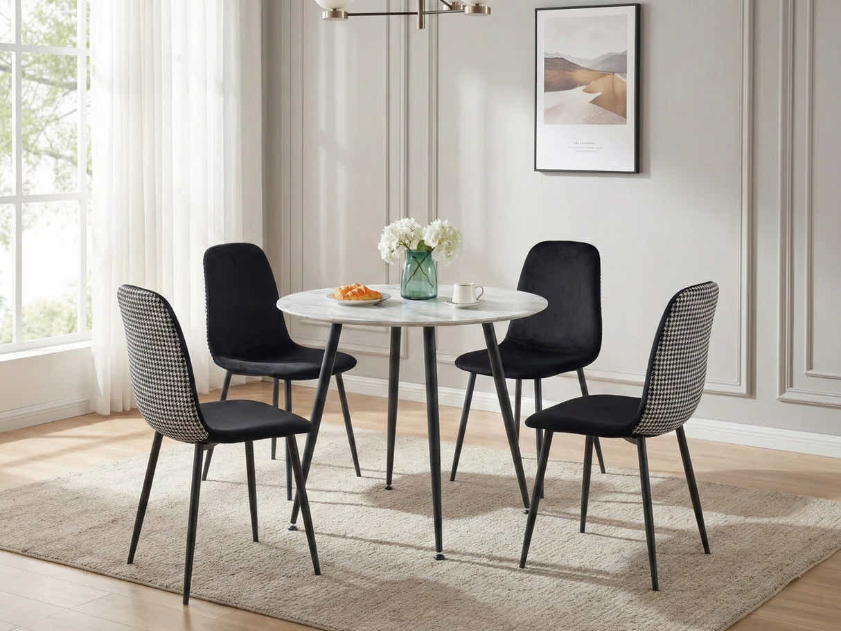 Fernando Round Dining Table with MDF Top - 90 cm & Axis Velvet Dining Seat x4 Houndstooth New