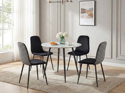 Fernando Round Dining Table with MDF Top - 90 cm & Axis Velvet Dining Seat x4 Houndstooth New