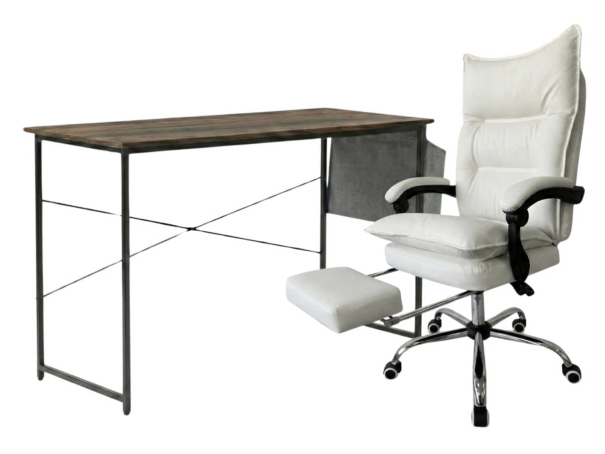 Koa Desk With Storage Bag & New Markus Office Chair with Footrest PU White