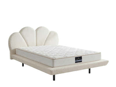 Joleen Boucle Bed Frame Cream & PIL20 Mattress with Pillows - Queen