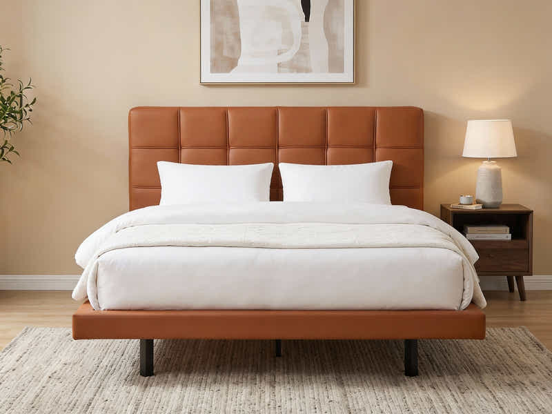 Kalyn PU Bed Frame Orange & PIL20 Mattress with Pillows - Queen
