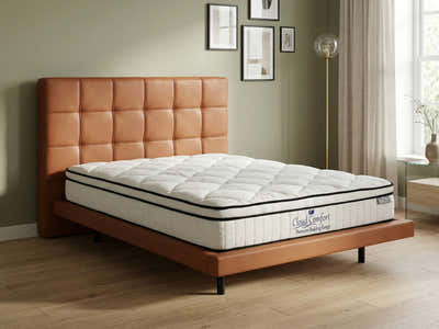 Kalyn PU Bed Frame Orange & Boucle22 Mattress - Queen