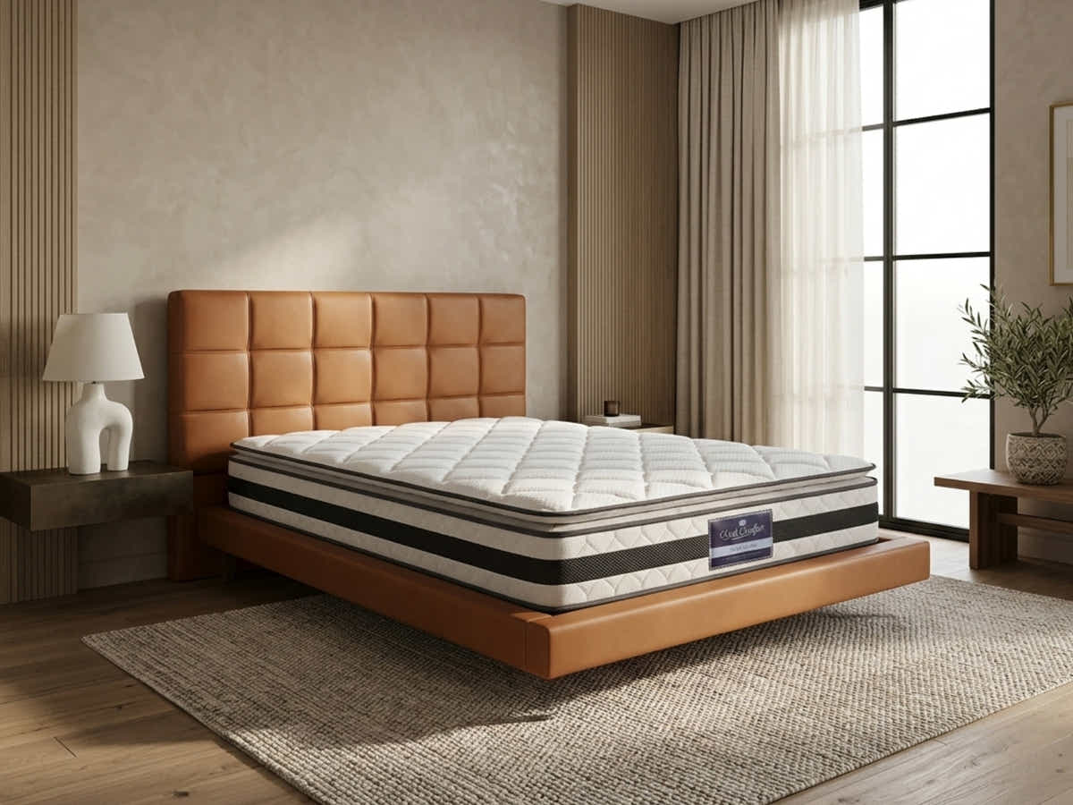 Kalyn PU Floating Bed Frame Orange & Bon21 Mattress - Queen