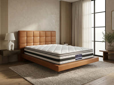 Kalyn PU Floating Bed Frame Orange & Bon21 Mattress - Queen