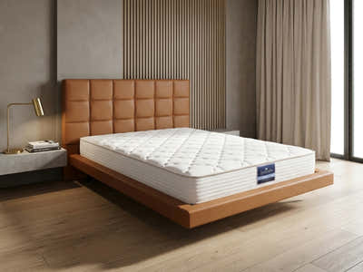 Kalyn PU Floating Bed Frame Orange & PIL20 Mattress with Pillows - Queen