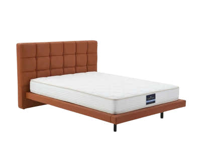 Kalyn PU Bed Frame Orange & PIL20 Mattress with Pillows - Queen