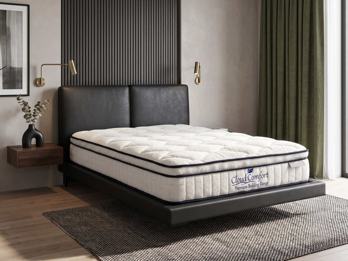 Priscilla PU Floating Bed Frame Black & Boucle22 Mattress - Queen