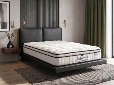 Priscilla PU Floating Bed Frame Black & Boucle22 Mattress - Queen