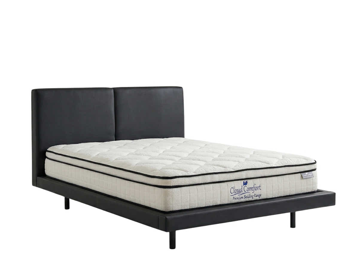 Priscilla PU Bed Frame Black & Boucle22 Mattress - Queen